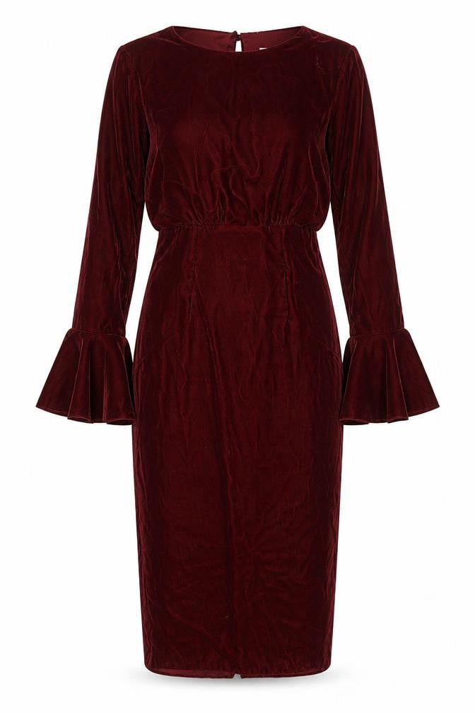 Front view of ASOS Women’s Red Velvet Midi Sheath Dress, size UK 6, Long Bell Sleeves