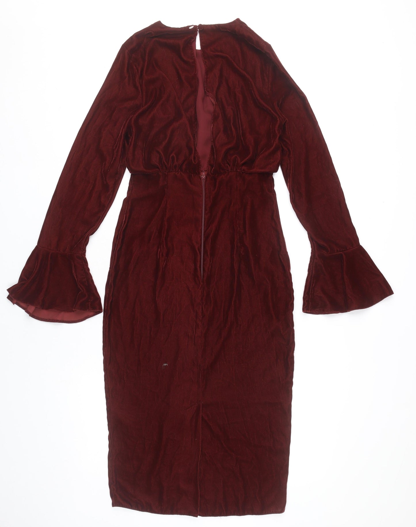 ASOS Women’s Red Velvet Midi Sheath Dress Size 6 Long Bell Sleeves