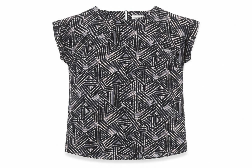Paraphrase Womens Black Geometric Blouse Size 12 Short Sleeve