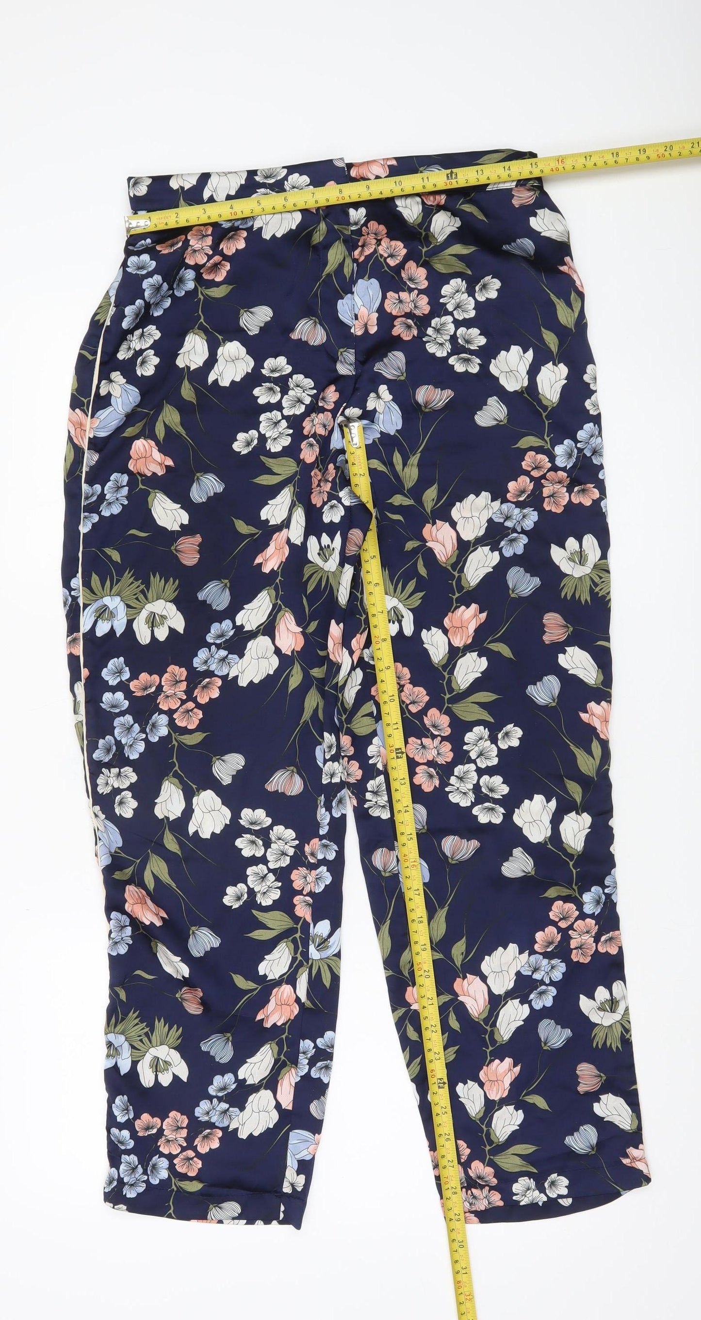 Brave Soul Womens Blue Floral Cropped Trousers M Straight Leg