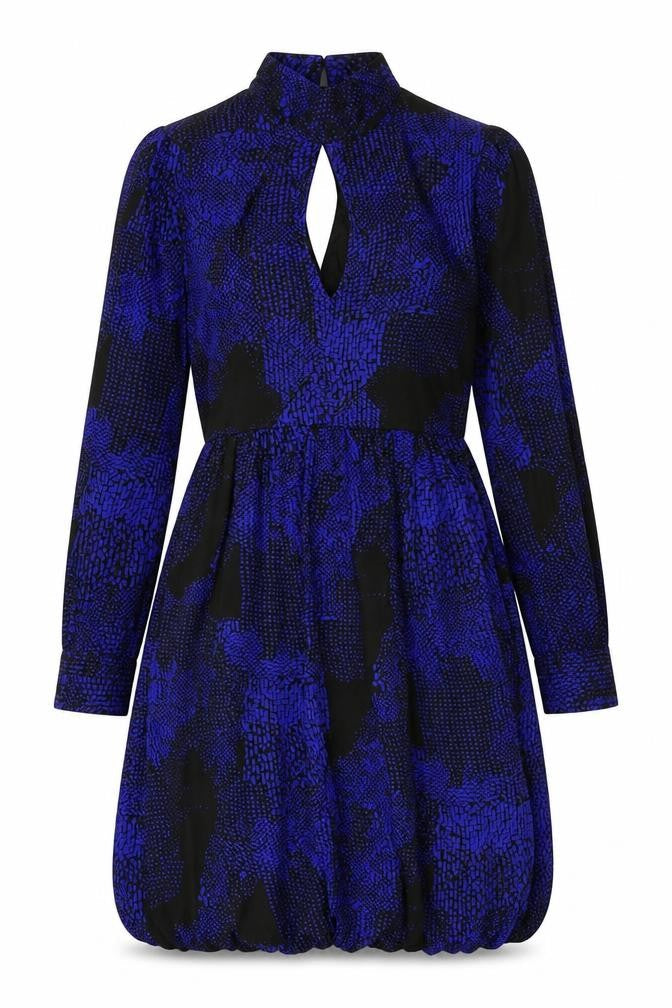 Warehouse Women’s Blue Silk Keyhole Neck Bubble Hem Dress UK 10