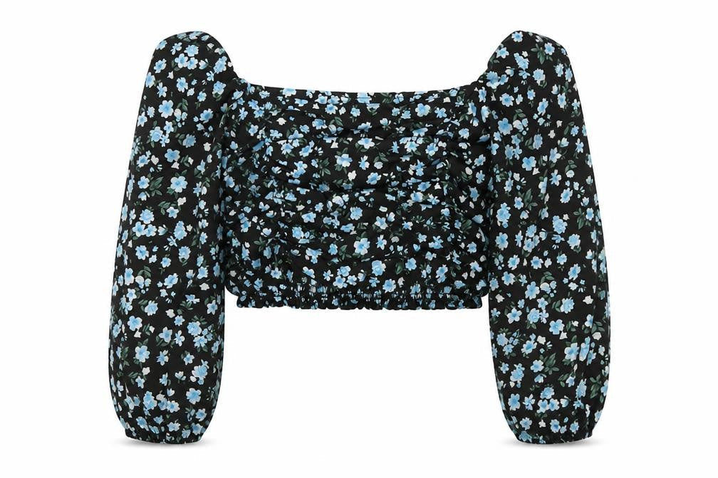 Boohoo Women’s Black Floral Cropped Blouse UK 6 Puff Sleeve