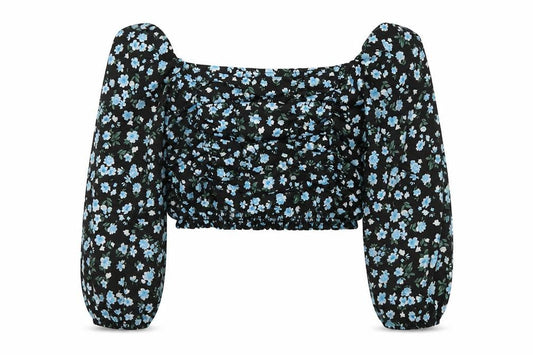 Boohoo Women’s Black Floral Cropped Blouse UK 6 Puff Sleeve