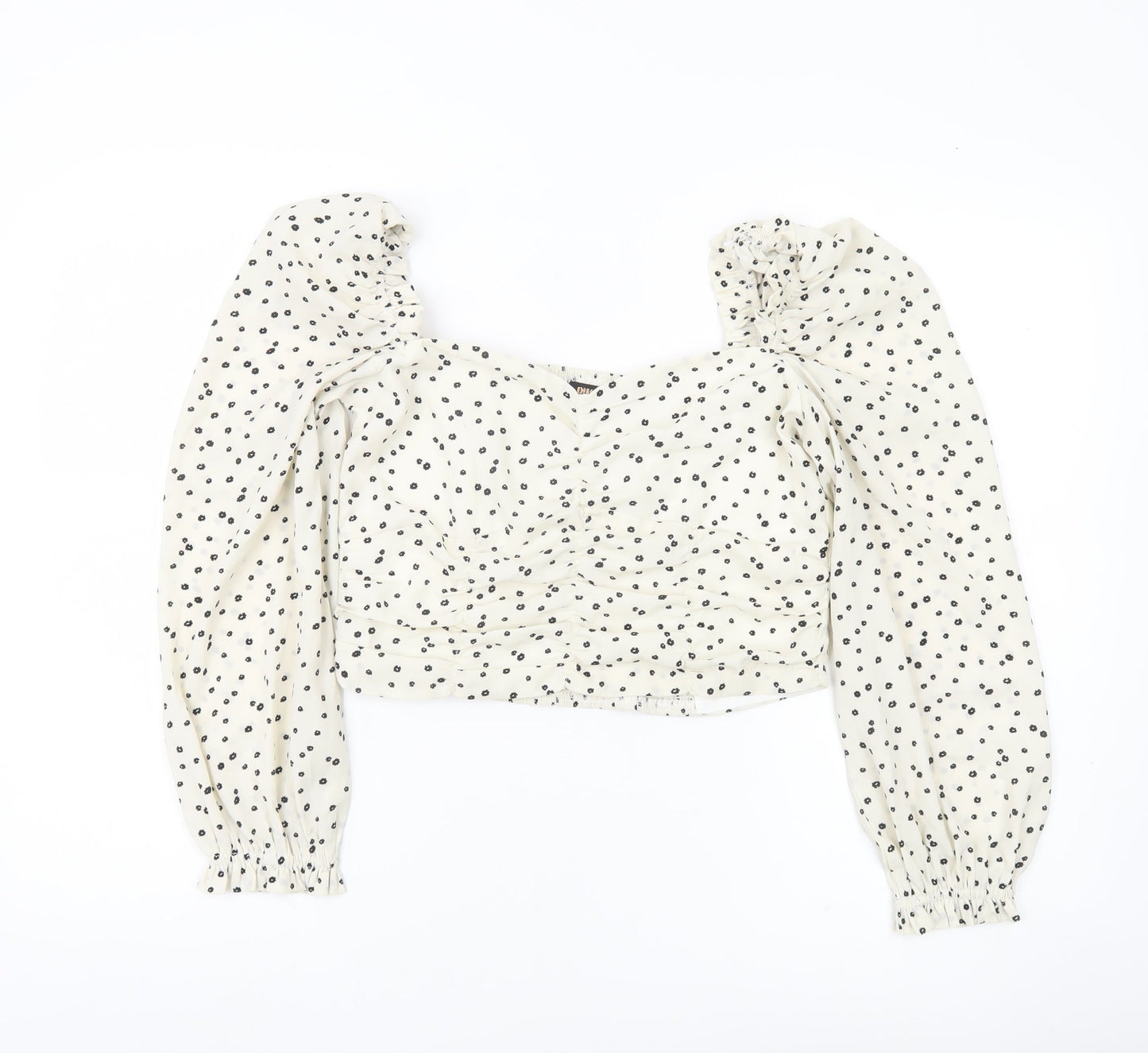 Pink Vanilla Women’s White Floral Blouse UK 12 Puff Sleeve Cropped
