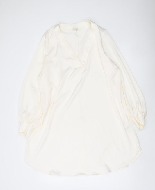 H&M Women Ivory Blouse Size 12 Tunic Long Sleeve V-Neck Top