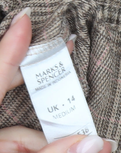 Marks and Spencer Women Brown Check Trousers Size 14 Elastic Waist