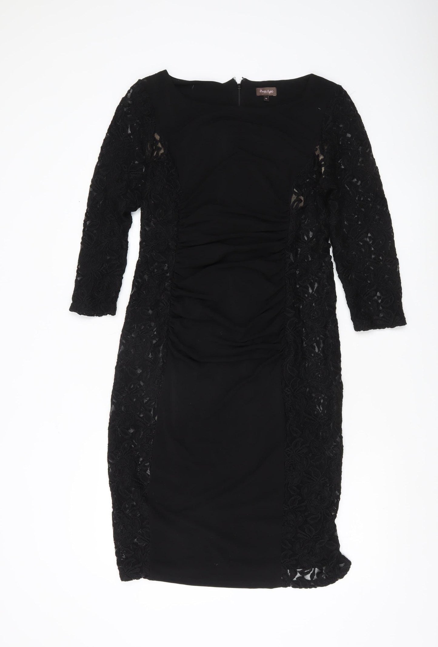 Phase Eight Women’s Black Lace Sheath Dress Size 14 Ruched 3/4 Sleeve