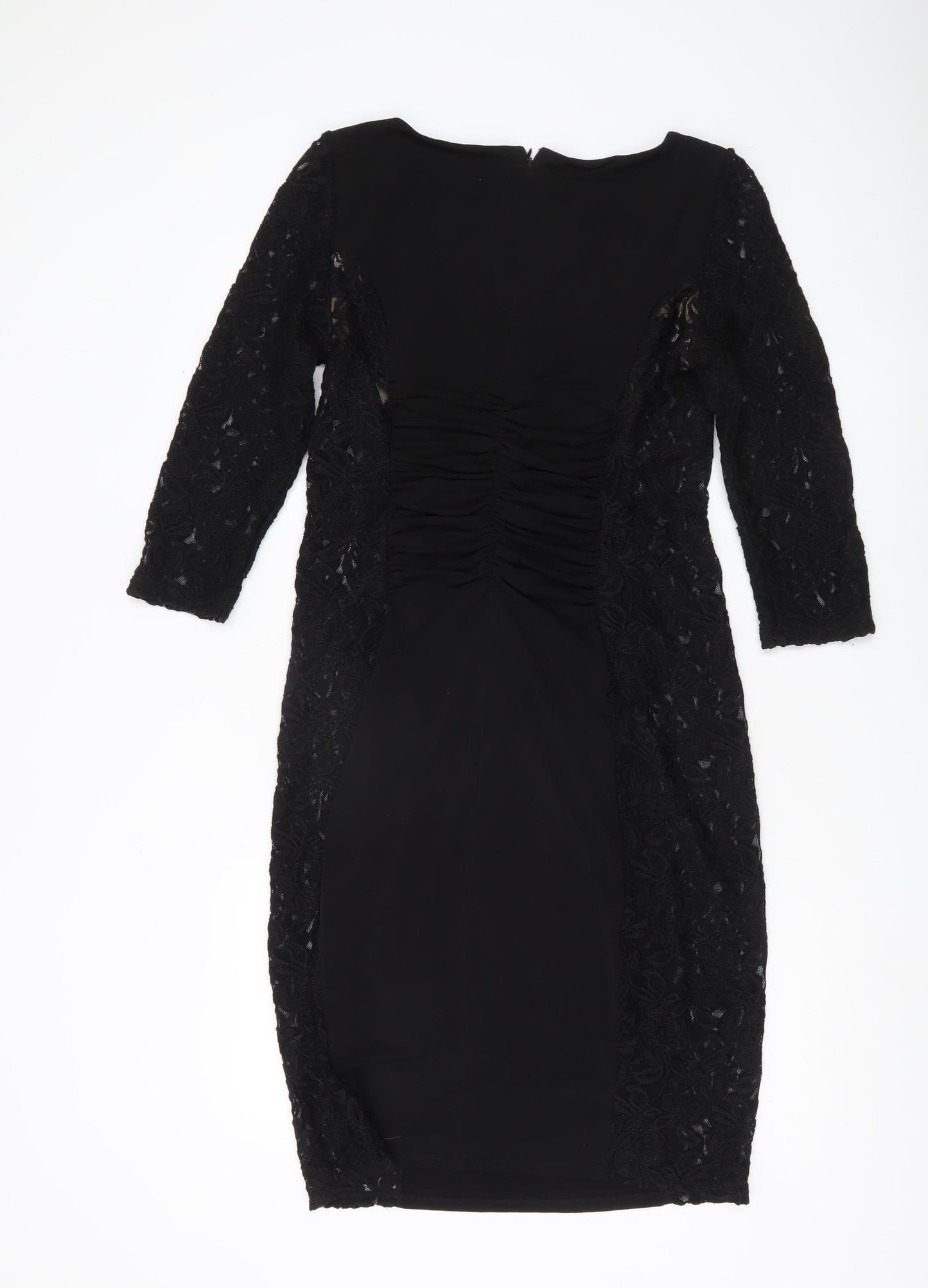 Phase Eight Women’s Black Lace Sheath Dress Size 14 Ruched 3/4 Sleeve