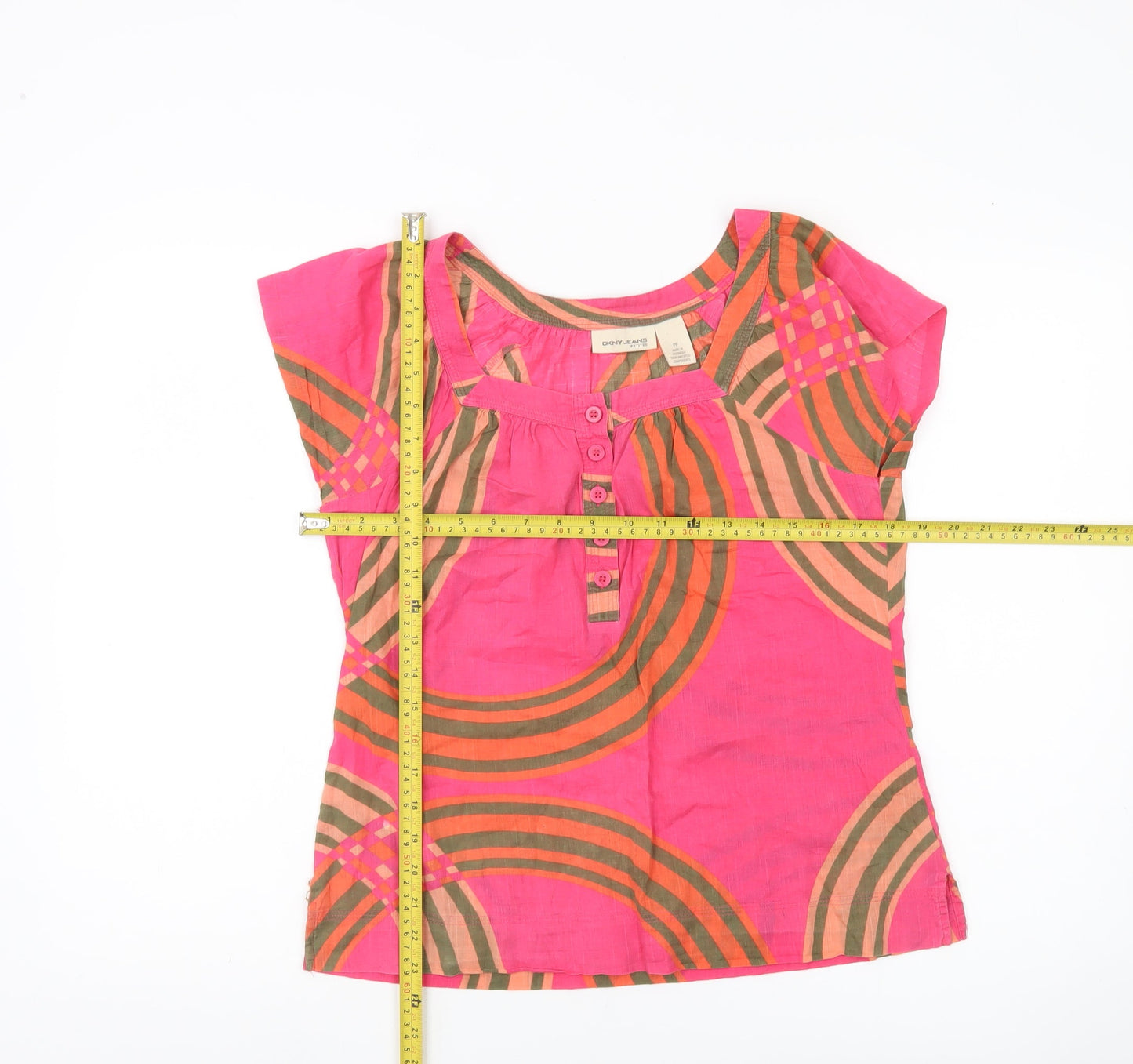DKNY Jeans Women Pink Petites Cotton Tunic Blouse 2XS Scoop Neck