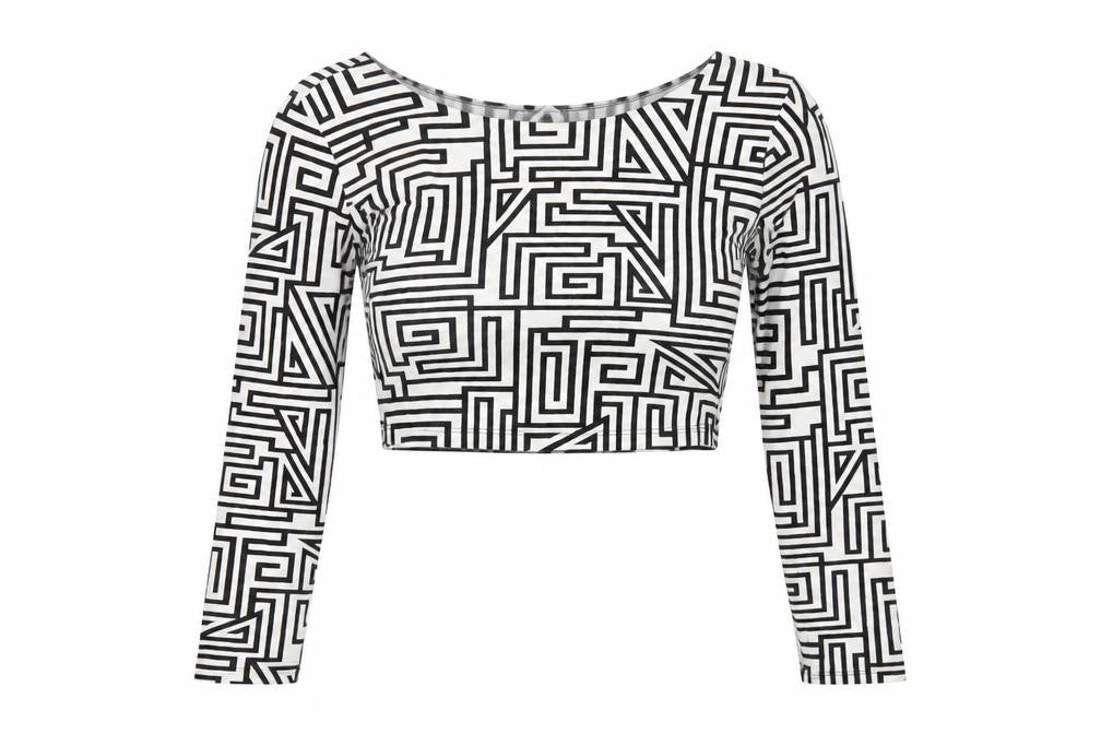 Forever 21 Women’s Black White Geometric Crop Top L Long Sleeve