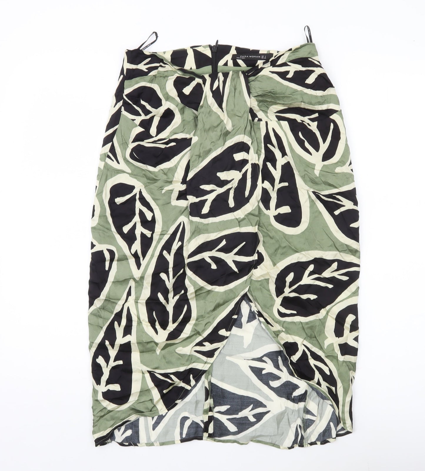 Zara Woman Midi Skirt Green Black Beige Leaf Print Size 8 Viscose