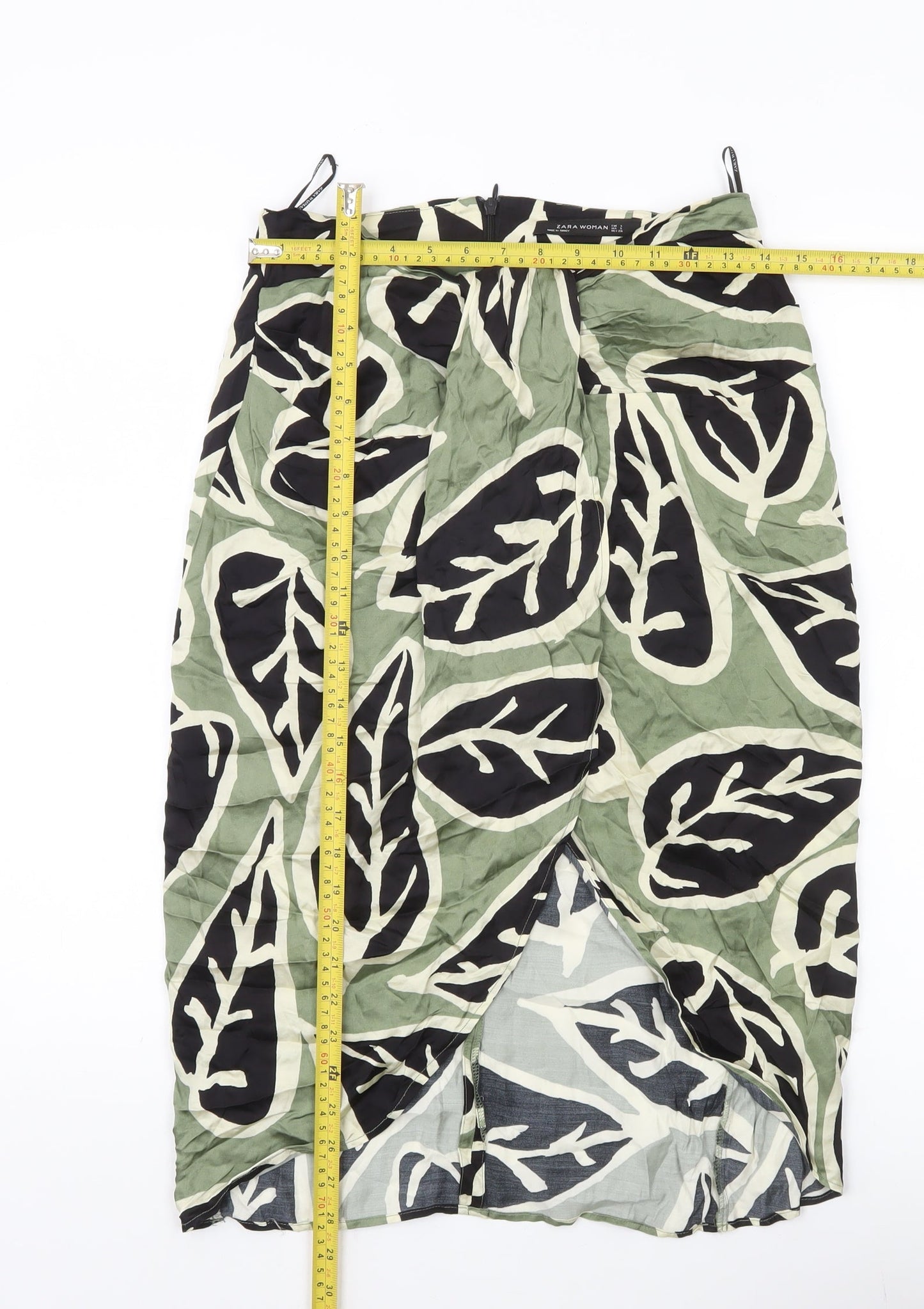 Zara Woman Midi Skirt Green Black Beige Leaf Print Size 8 Viscose