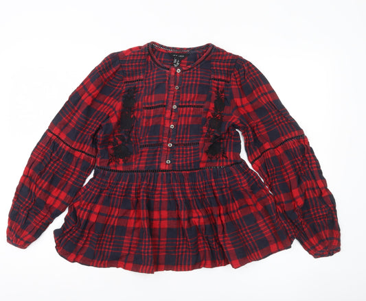 New Look Girls Red Plaid Cotton Blouse Button Tunic Age 8Y Long Sleeve