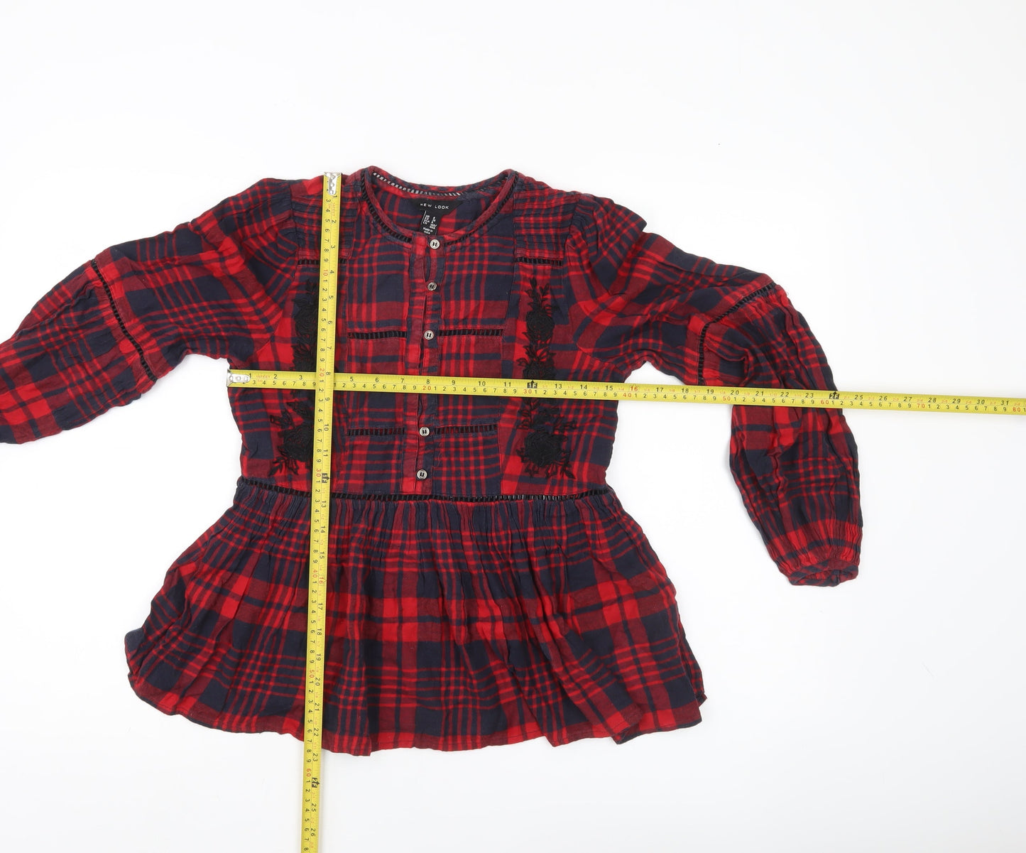 New Look Girls Red Plaid Cotton Blouse Button Tunic Age 8Y Long Sleeve