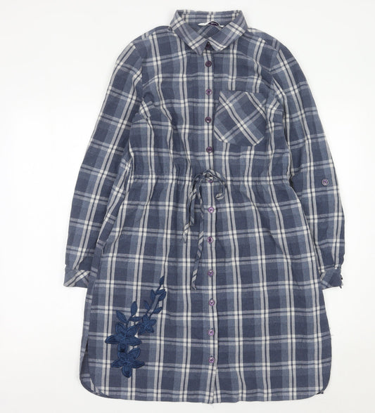 Raxlan Womens Blue Check Shirt Dress Size 8 Embroidered Long Sleeve