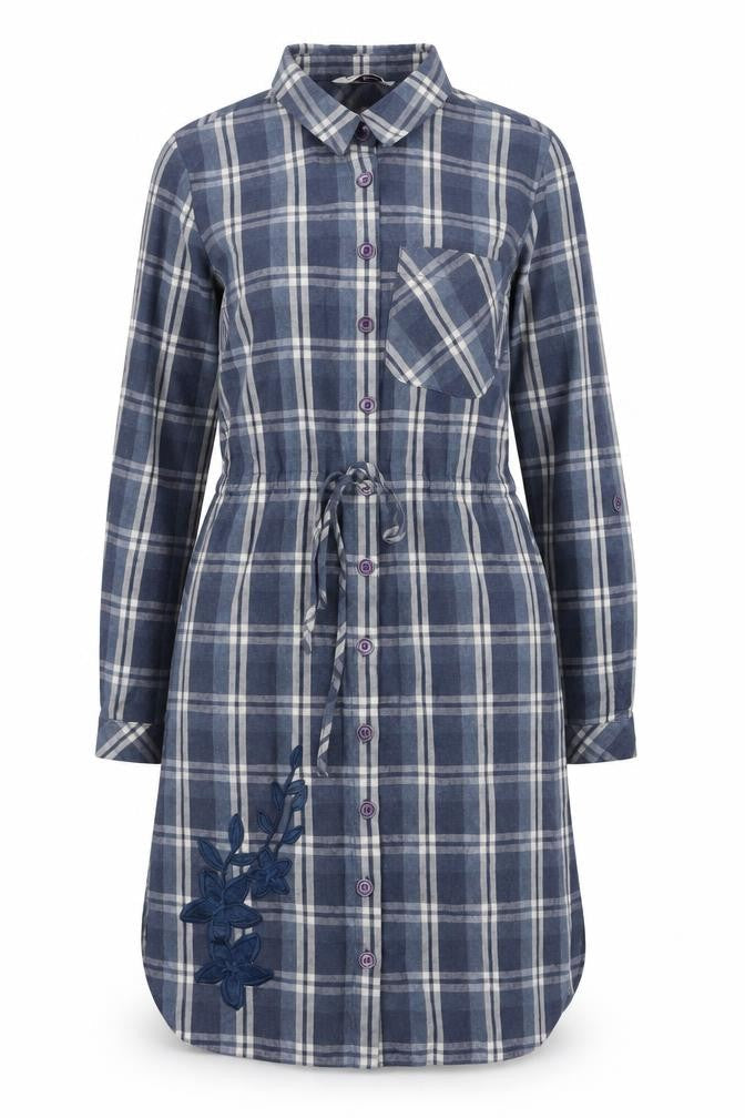 Raxlan Womens Blue Check Shirt Dress Size 8 Embroidered Long Sleeve