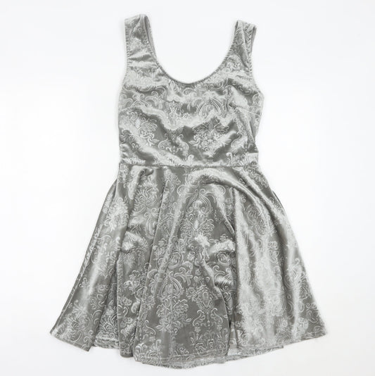 Club L Women Grey Skater Dress Size 10 Sleeveless Velvet Partywear