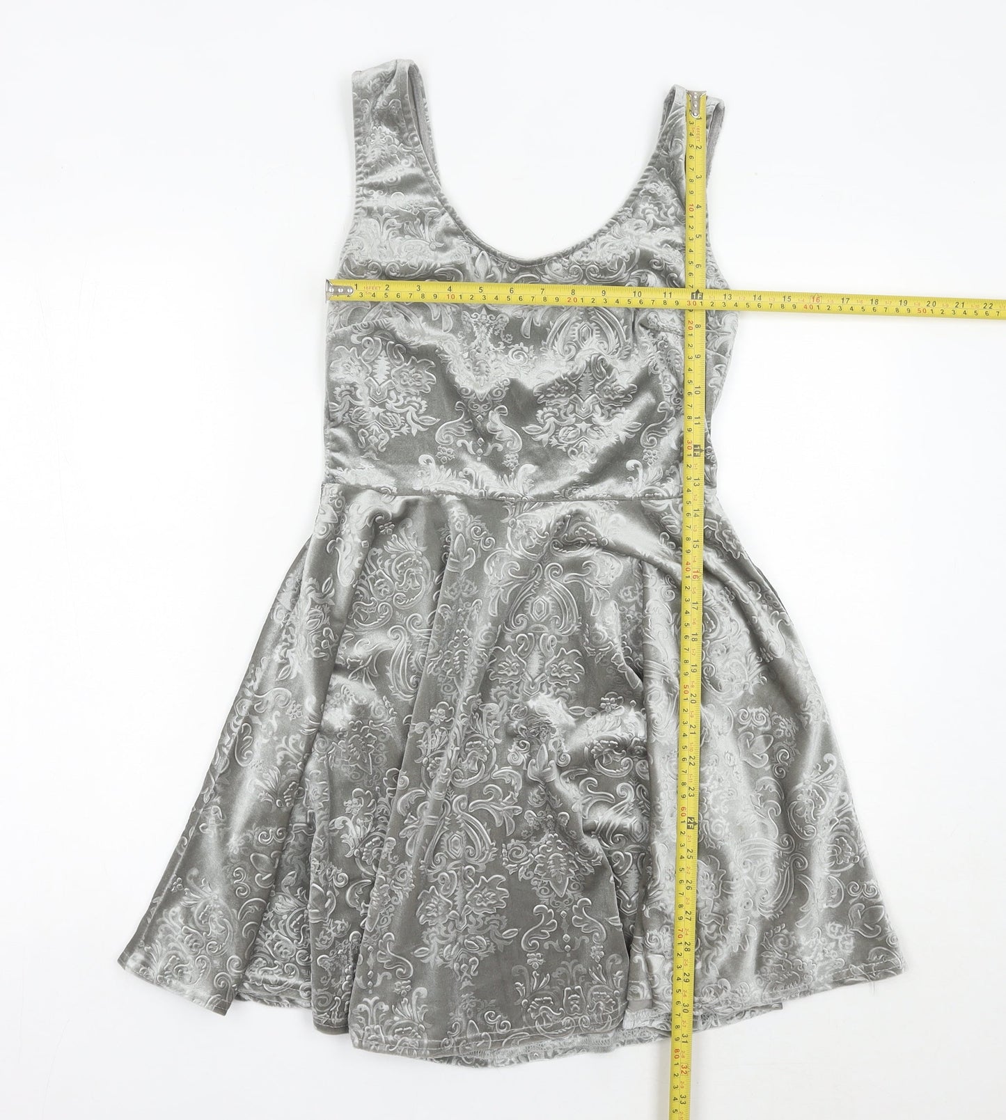 Club L Women Grey Skater Dress Size 10 Sleeveless Velvet Partywear