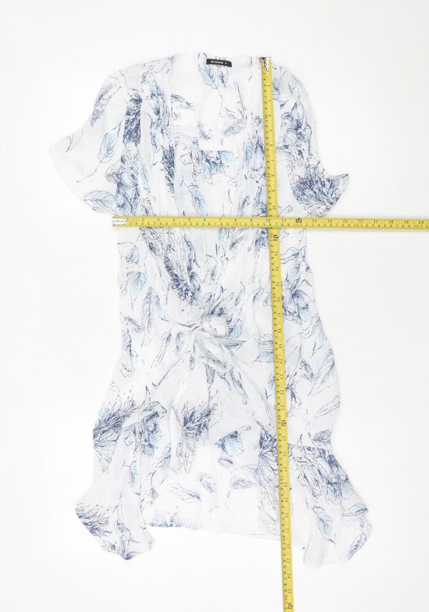 Roman Women’s White Blue Floral Kimono Blouse Size 10