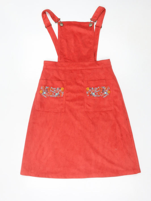 Harkel Women’s Red Pinafore Dress UK 8 Embroidered Pockets