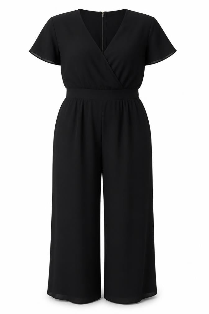 Yumi Women Black Size 12 Wide-Leg V-Neck Belted Jumpsuit