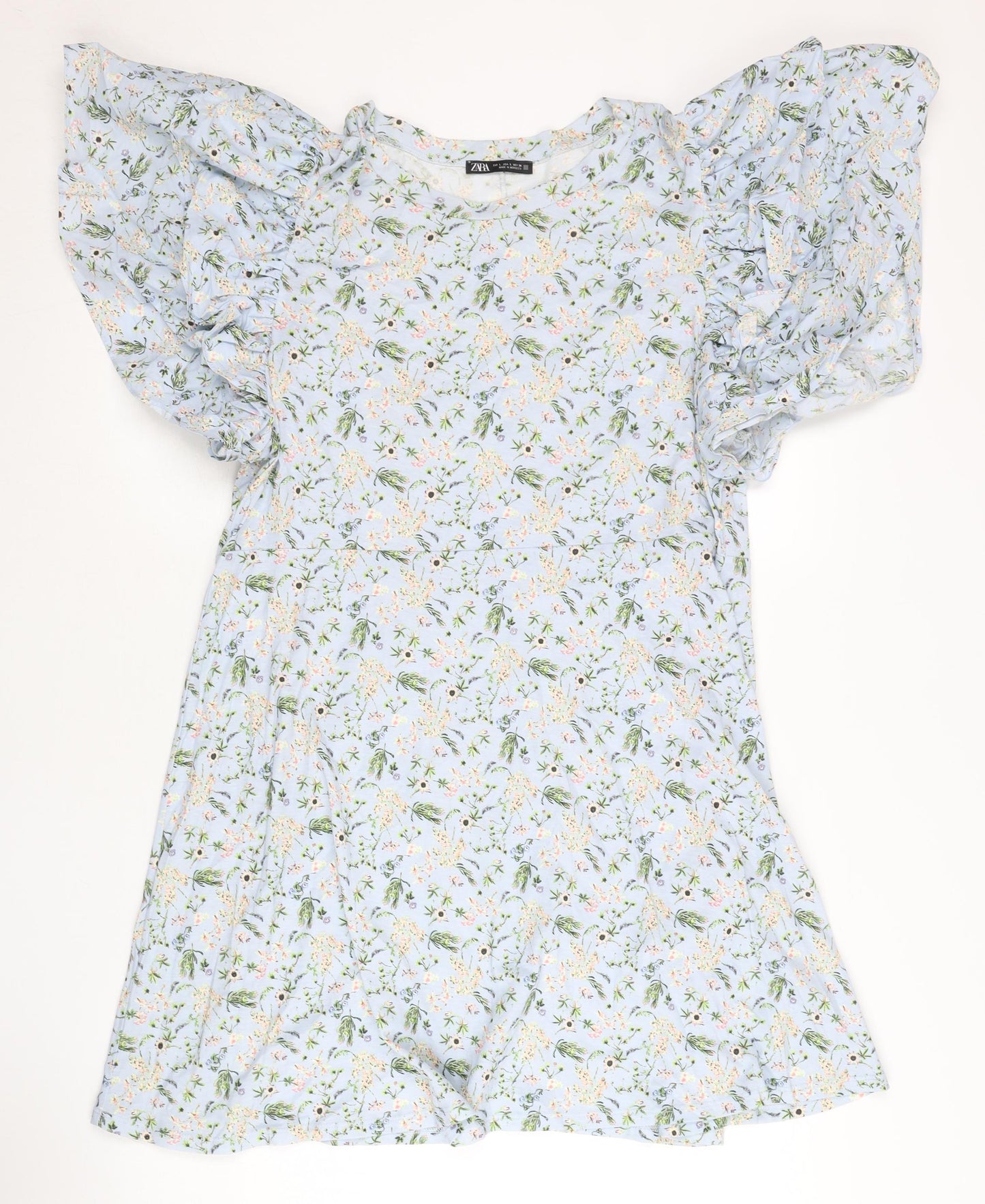 Zara Women Blue Floral Animal Print Shift Dress L Puff Sleeve