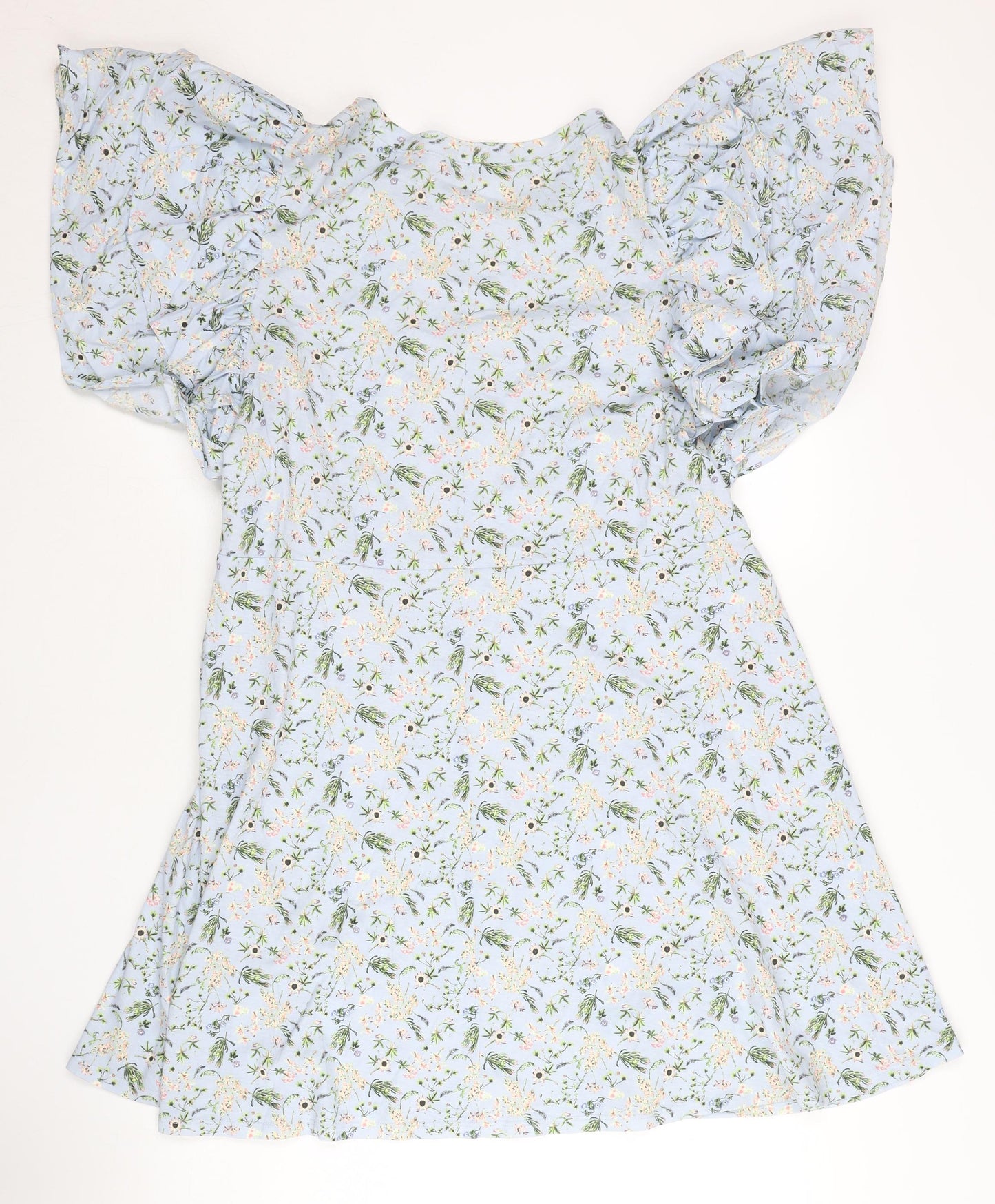Zara Women Blue Floral Animal Print Shift Dress L Puff Sleeve