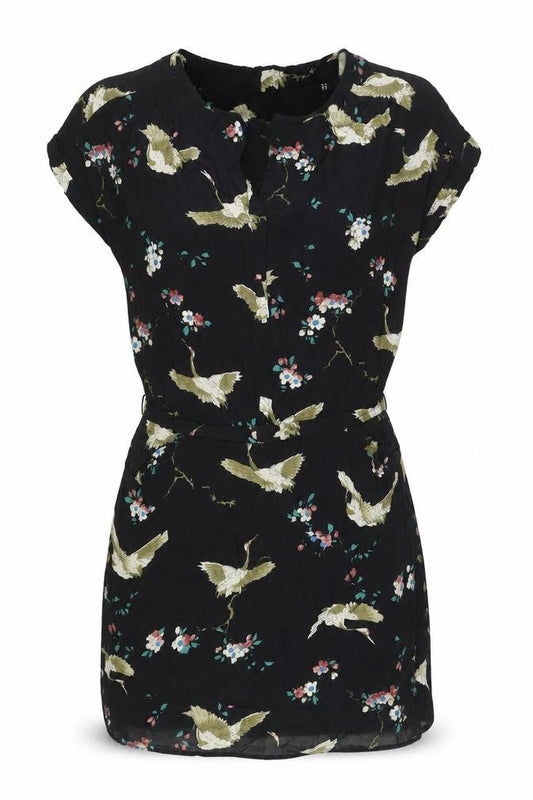 Zara Women Black Floral Bird Print Short Shift Dress Size 10