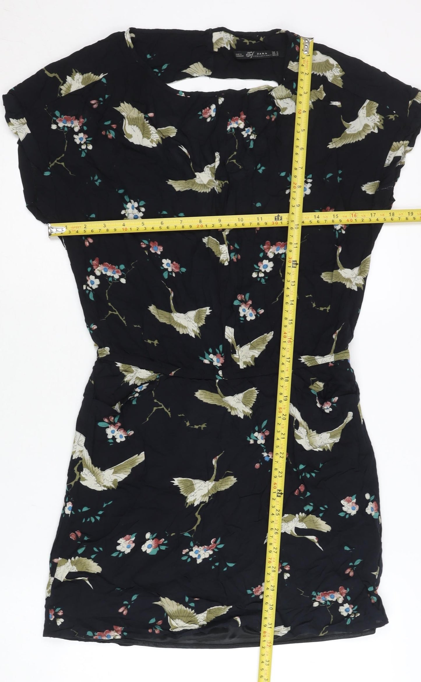 Zara Women Black Floral Bird Print Short Shift Dress Size 10