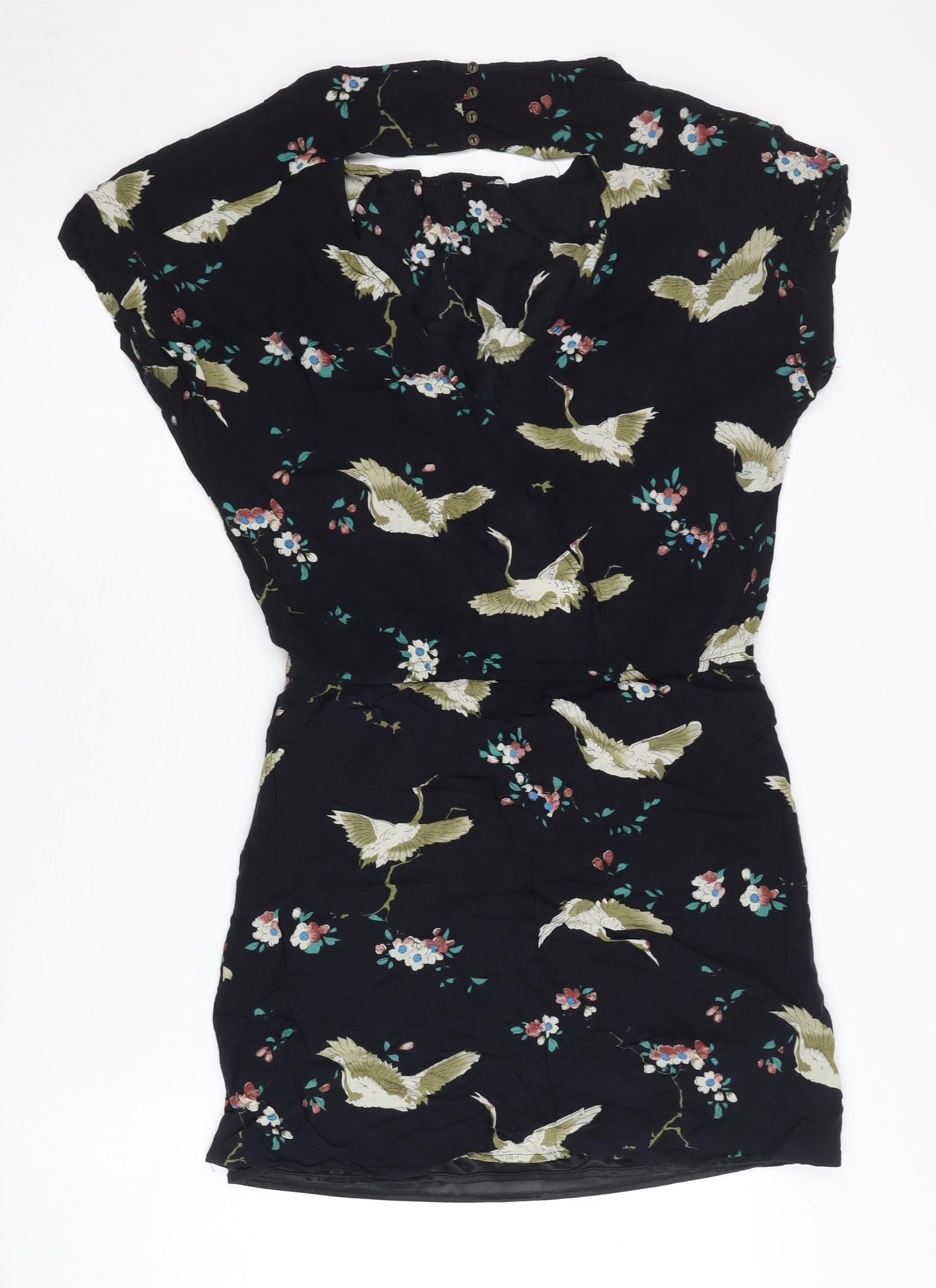 Zara Women Black Floral Bird Print Short Shift Dress Size 10