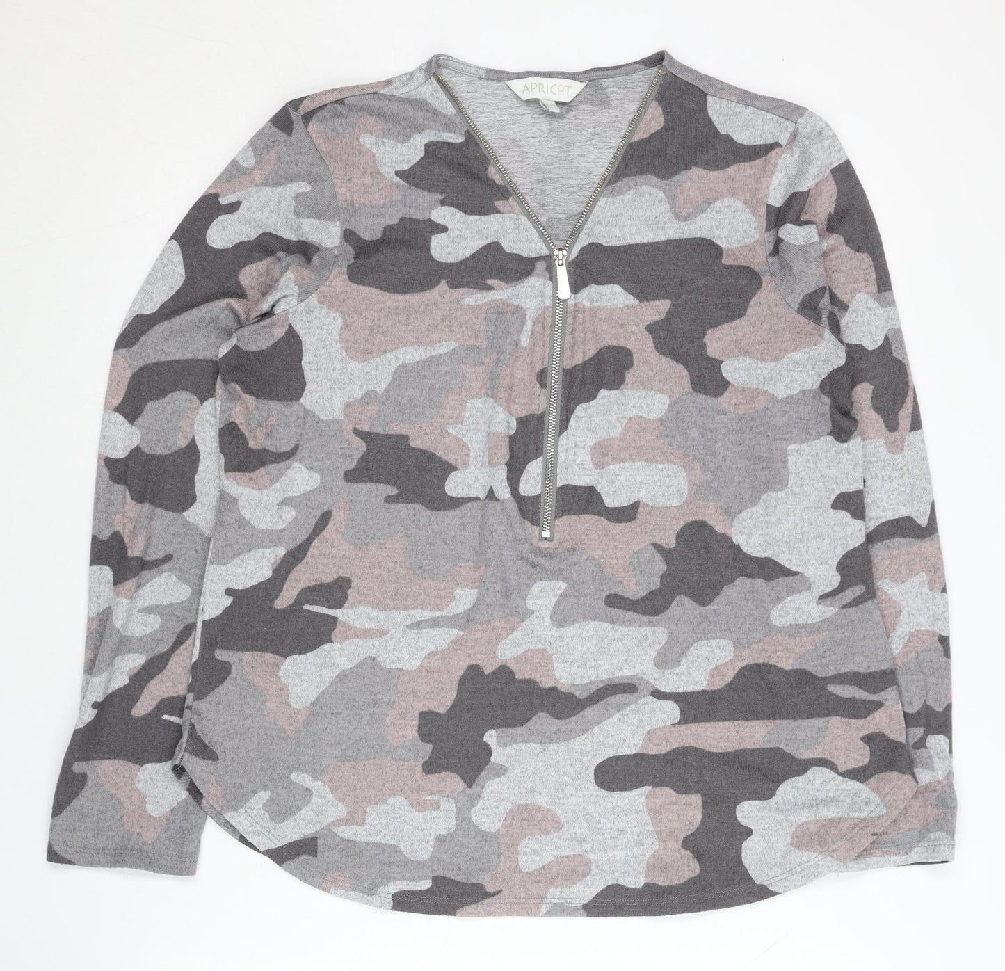 Apricot Women’s Grey Camo Zip Jumper Size 16 V-Neck Long Sleeve