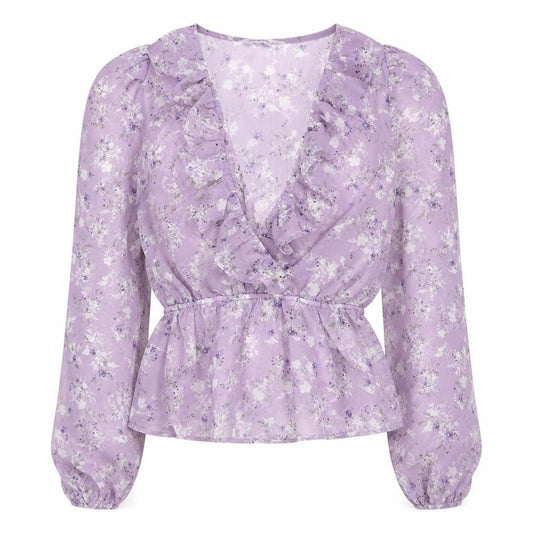 Stradivarius Women Purple Floral Wrap Blouse Size 8 V-Neck Long Sleeve