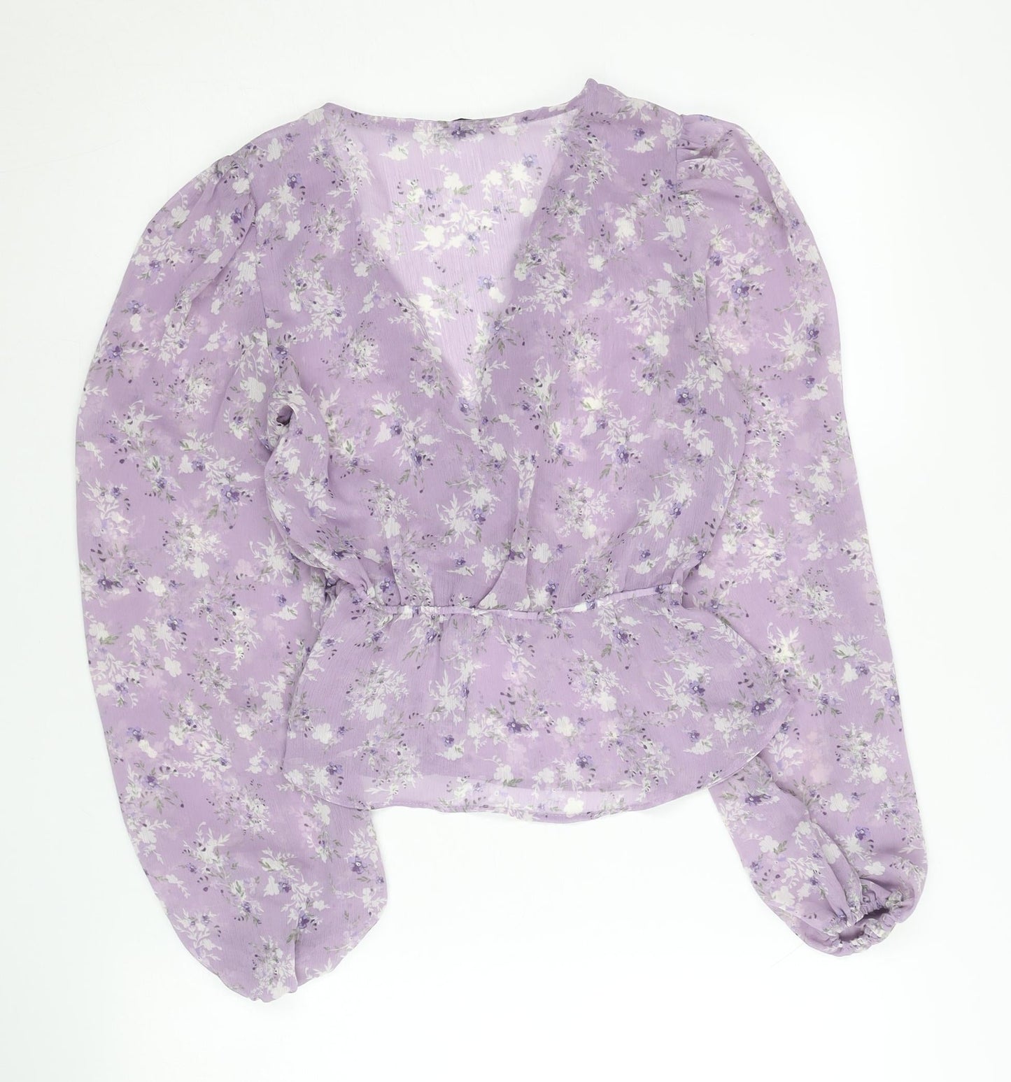 Stradivarius Women Purple Floral Wrap Blouse Size 8 V-Neck Long Sleeve