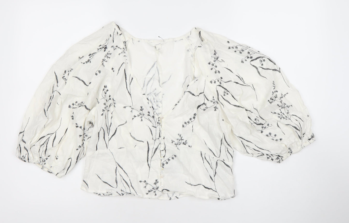 H&M Women’s White Linen Blend Floral Balloon Sleeve Blouse Size 12