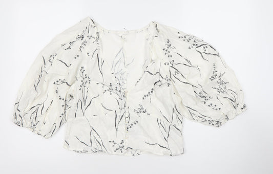 H&M Women’s White Linen Blend Floral Balloon Sleeve Blouse Size 12