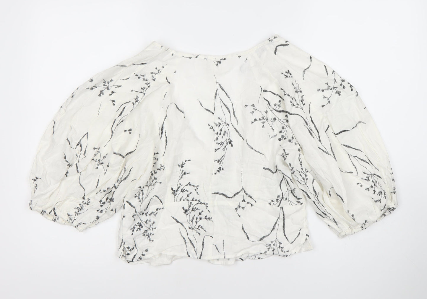 H&M Women’s White Linen Blend Floral Balloon Sleeve Blouse Size 12