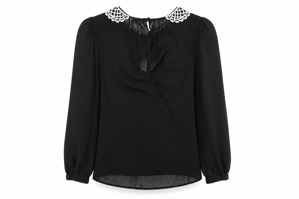 Front view of Atmosphere women’s black blouse, size UK 8, lace collar long sleeve