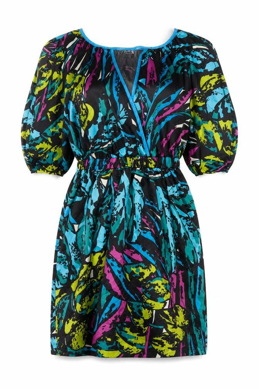 Lipsy Women’s Multicoloured Blouson Dress Size 10 V-Neck Puff Sleeve
