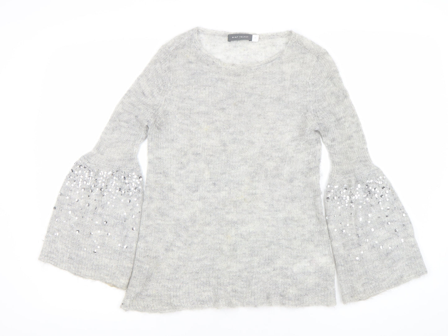 Mint Velvet Womens Grey Sequin Bell Sleeve Knit Jumper Size 8