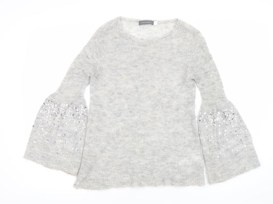 Mint Velvet Womens Grey Sequin Bell Sleeve Knit Jumper Size 8