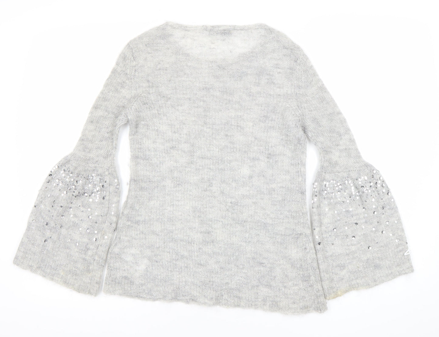 Mint Velvet Womens Grey Sequin Bell Sleeve Knit Jumper Size 8