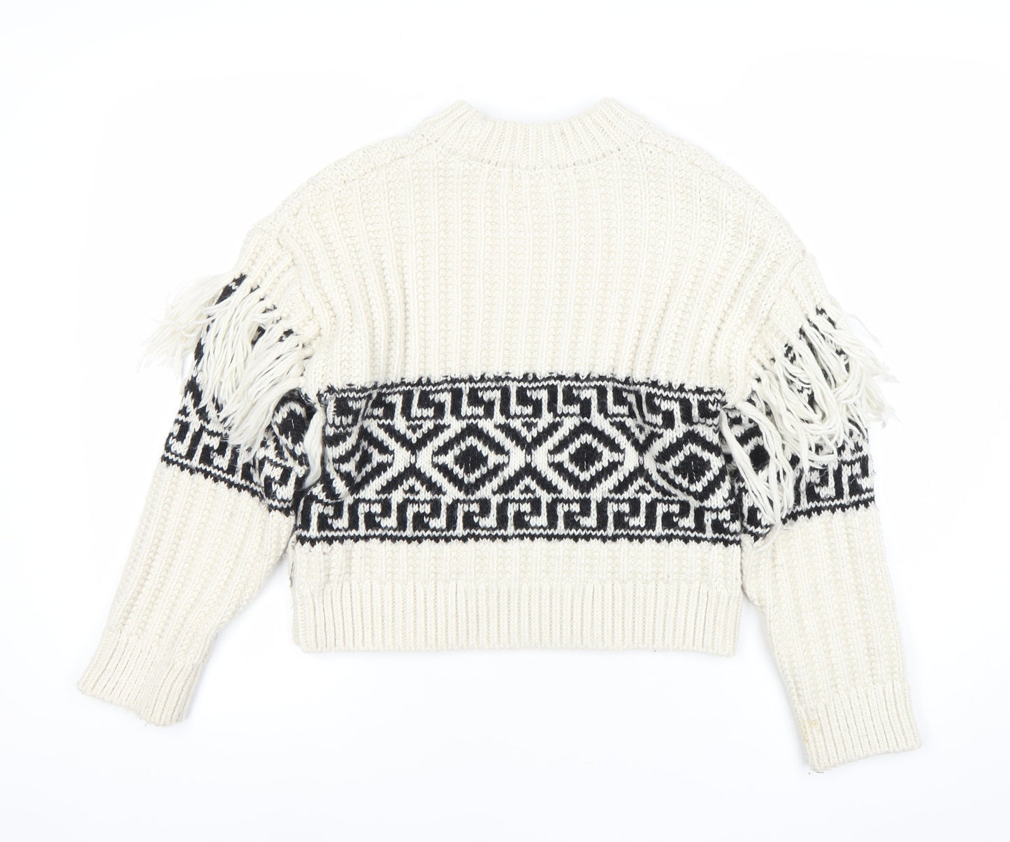 H&M Womens Ivory XS Chunky Knit Fringe Geometric Pullover Jumper