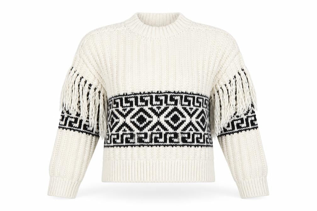 H&M Womens Ivory XS Chunky Knit Fringe Geometric Pullover Jumper