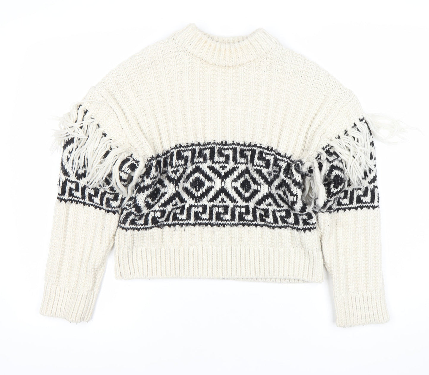 H&M Womens Ivory XS Chunky Knit Fringe Geometric Pullover Jumper