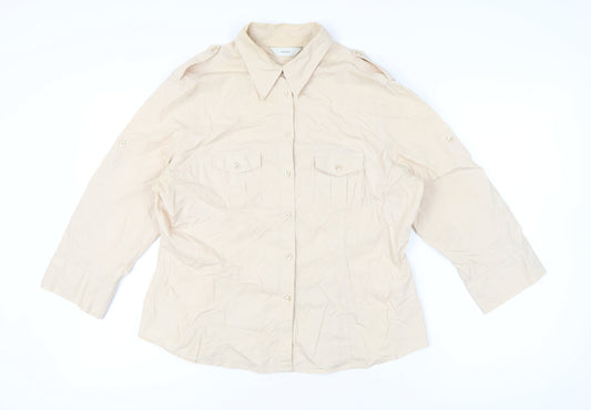Next Women Beige Size 18 Button-Up Cotton Shirt 3/4 Sleeve