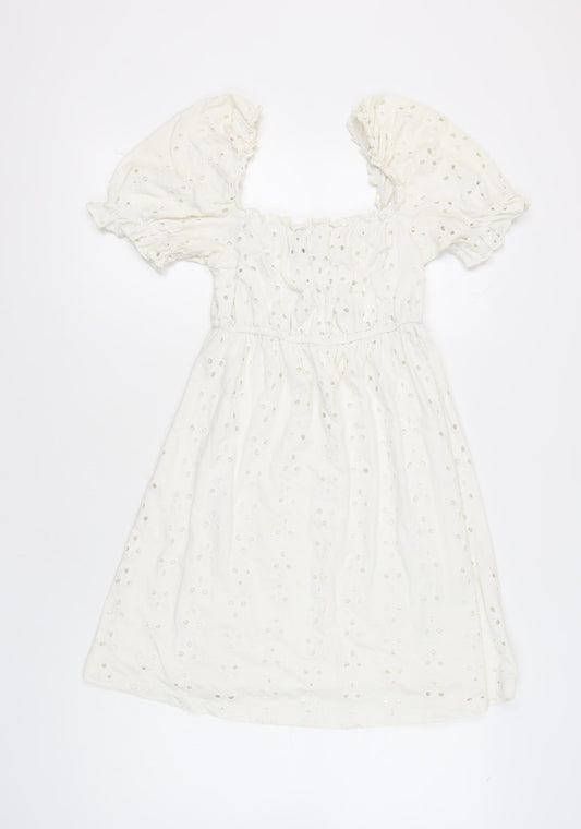 ASOS Women White Size 8 A-Line Puff Sleeve Knee Length Cotton Dress