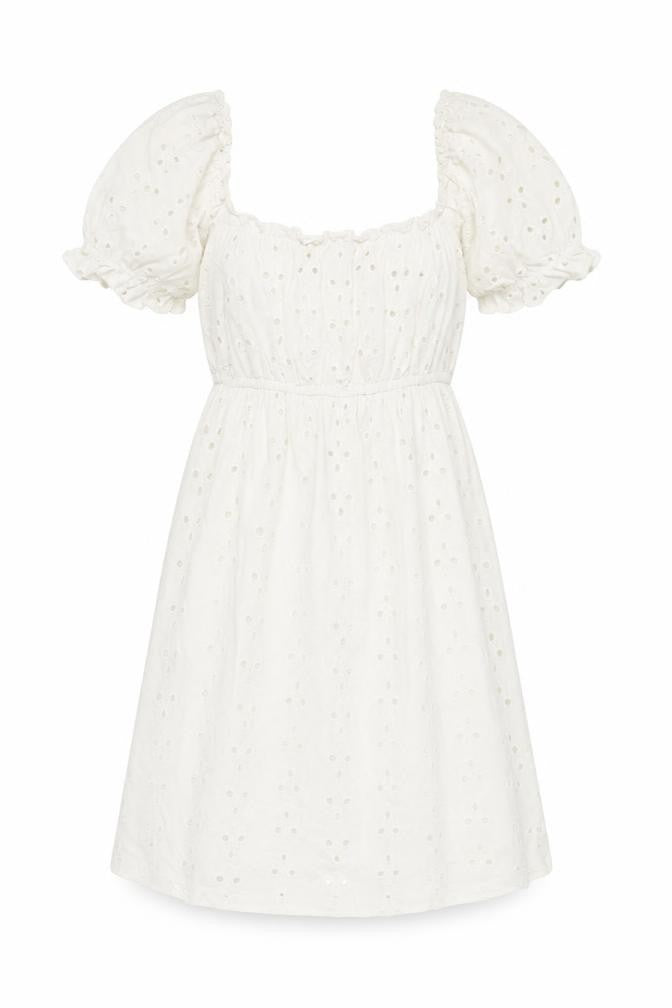 Front view of ASOS Women White, size 8, A-Line Puff Sleeve Knee Length Cotton Dress