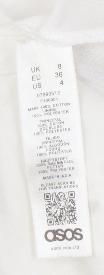 ASOS Women White Size 8 A-Line Puff Sleeve Knee Length Cotton Dress