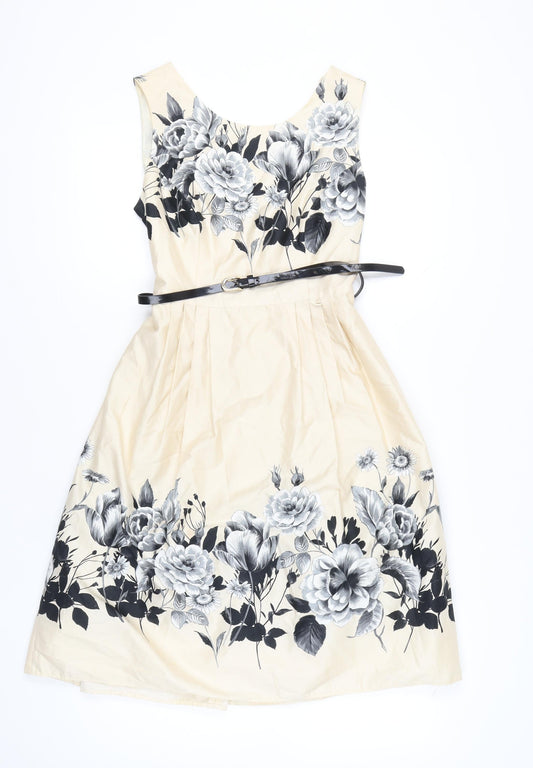 Début Women's Beige Floral Fit & Flare Dress Size 12 Scoop Neck Sleeveless