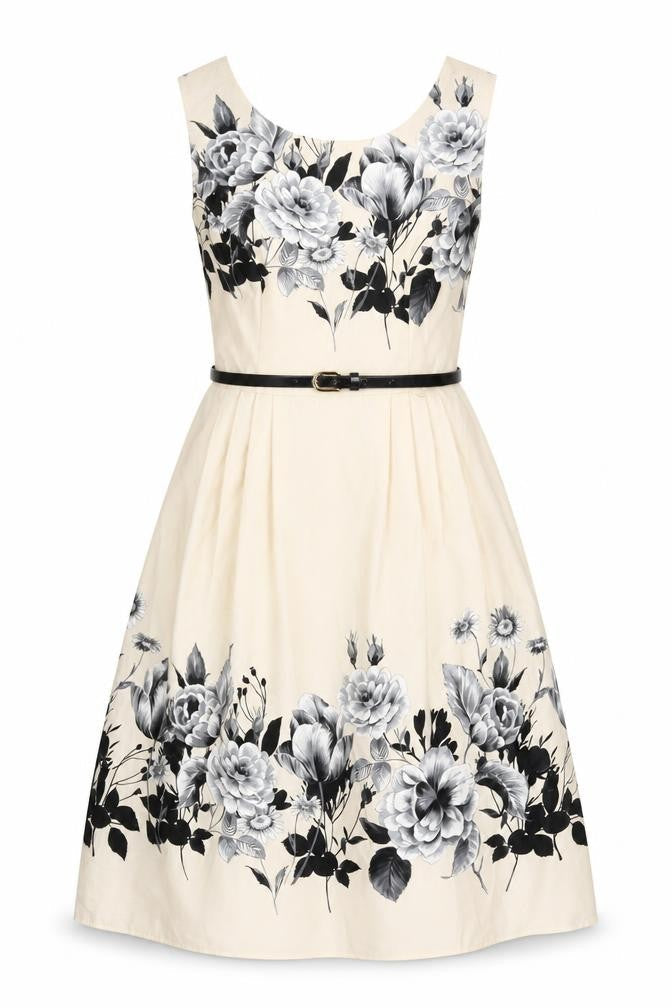 Debut Women's Beige Floral Fit & Flare Dress Size 12 Scoop Neck Sleeveless